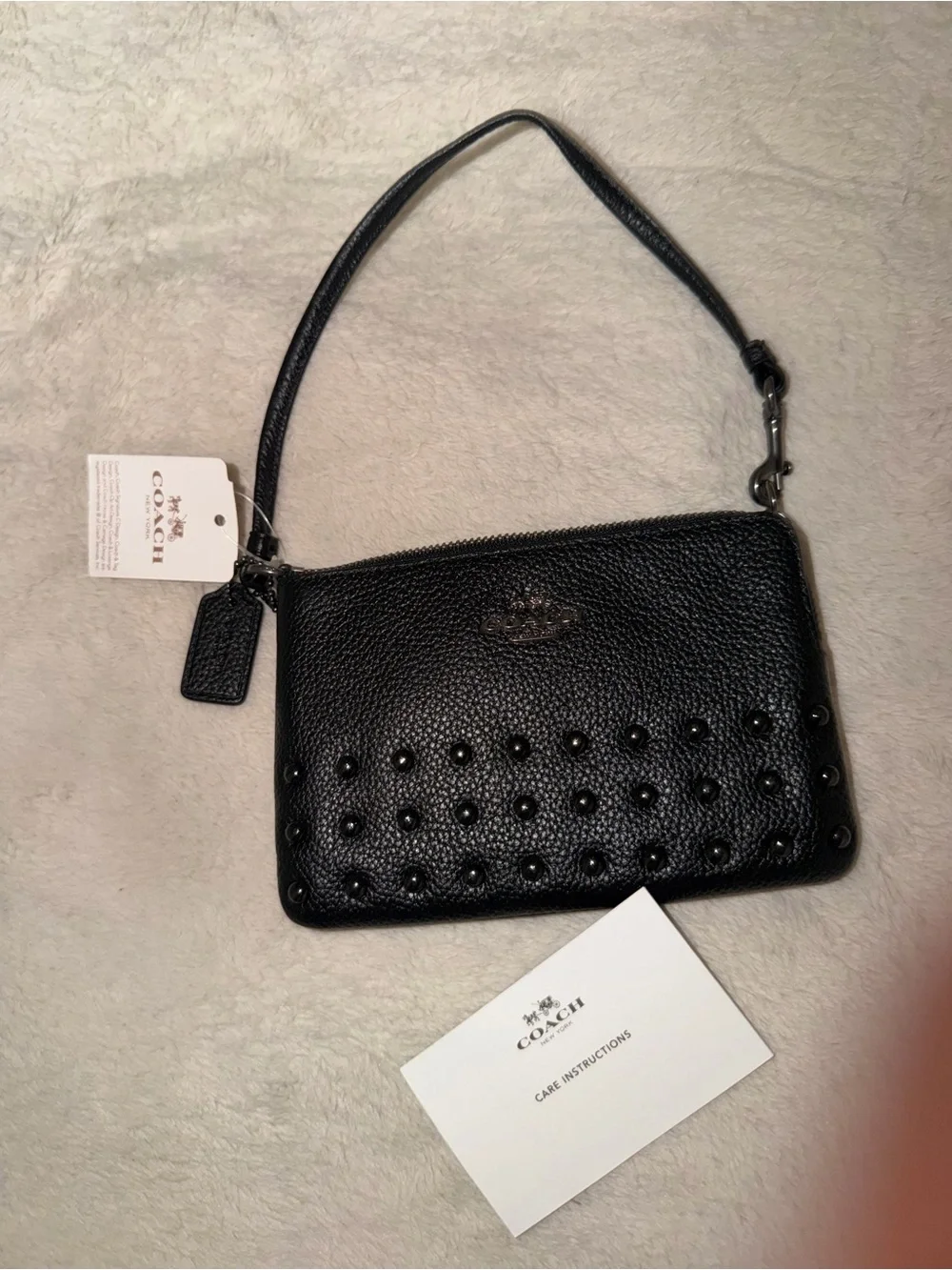 Coach Black Pebbled Leather Studded Mini Wristlet brand new